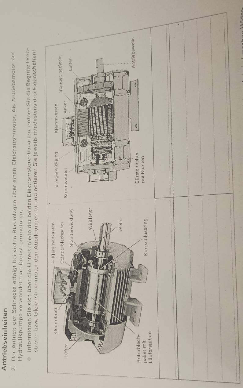 Antriebseinheiten 
2. Der Antrieb der Schnecke erfolgt bei vielen Blasanlagen über einen Gleichstrommotor. Als Antriebsmotor der 
Hydraulikpumpe verwendet man Drehstrommotoren. 
Informieren Sie sich über die Unterschiede der beiden Elektromotorenbauarten, ordnen Sie die Begriffe Dreh- 
strom- bzw. Gleichstrommotor den Abbildungen zu und notieren Sie jeweils mindestens drei Eigenschaften! 
_ 
_ 
_ 
_ 
_ 
_ 
_ 
_ 
_ 
_ 
_ 
_ 
_ 
_