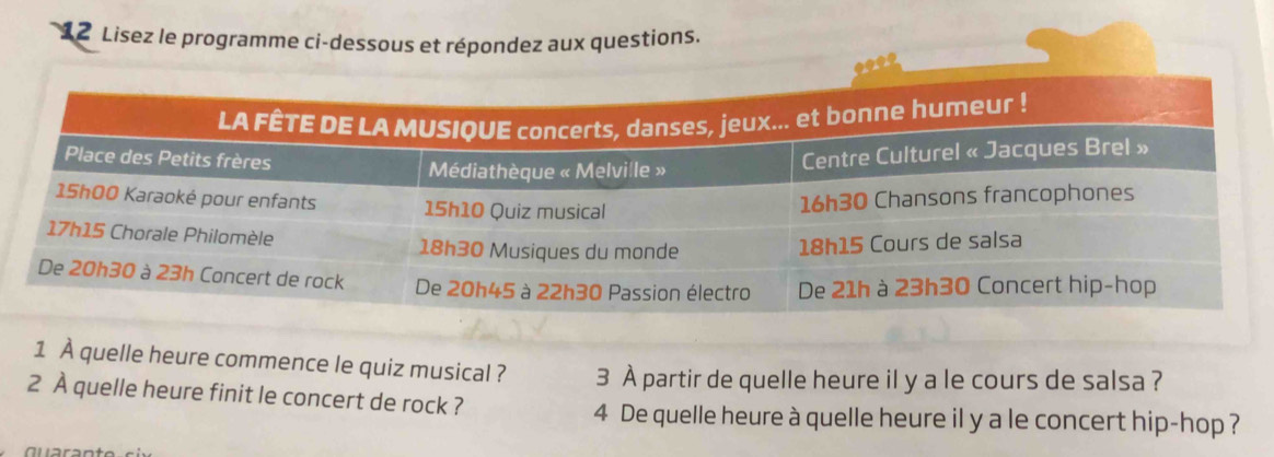 Lisez le programme ci-dessous et répondez aux questions. 
1 À quelle heure commence le quiz musical ? 3 À partir de quelle heure il y a le cours de salsa ? 
2 À quelle heure finit le concert de rock ? 
4 De quelle heure à quelle heure il y a le concert hip-hop ?