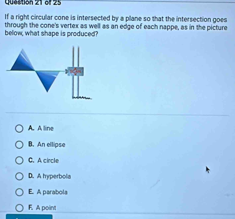 If a right circular cone is intersected by a plane so that the intersection goes
through the cone's vertex as well as an edge of each nappe, as in the picture
below, what shape is produced?
A. A line
B. An ellipse
C. A circle
D. A hyperbola
E. A parabola
F. A point