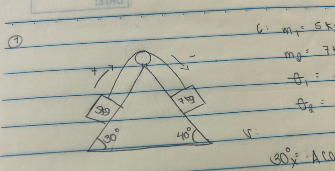 m_1=5k
m_2=71

θ _1=
A9
θ _2=
30°
40°
5:
30°x=ACO