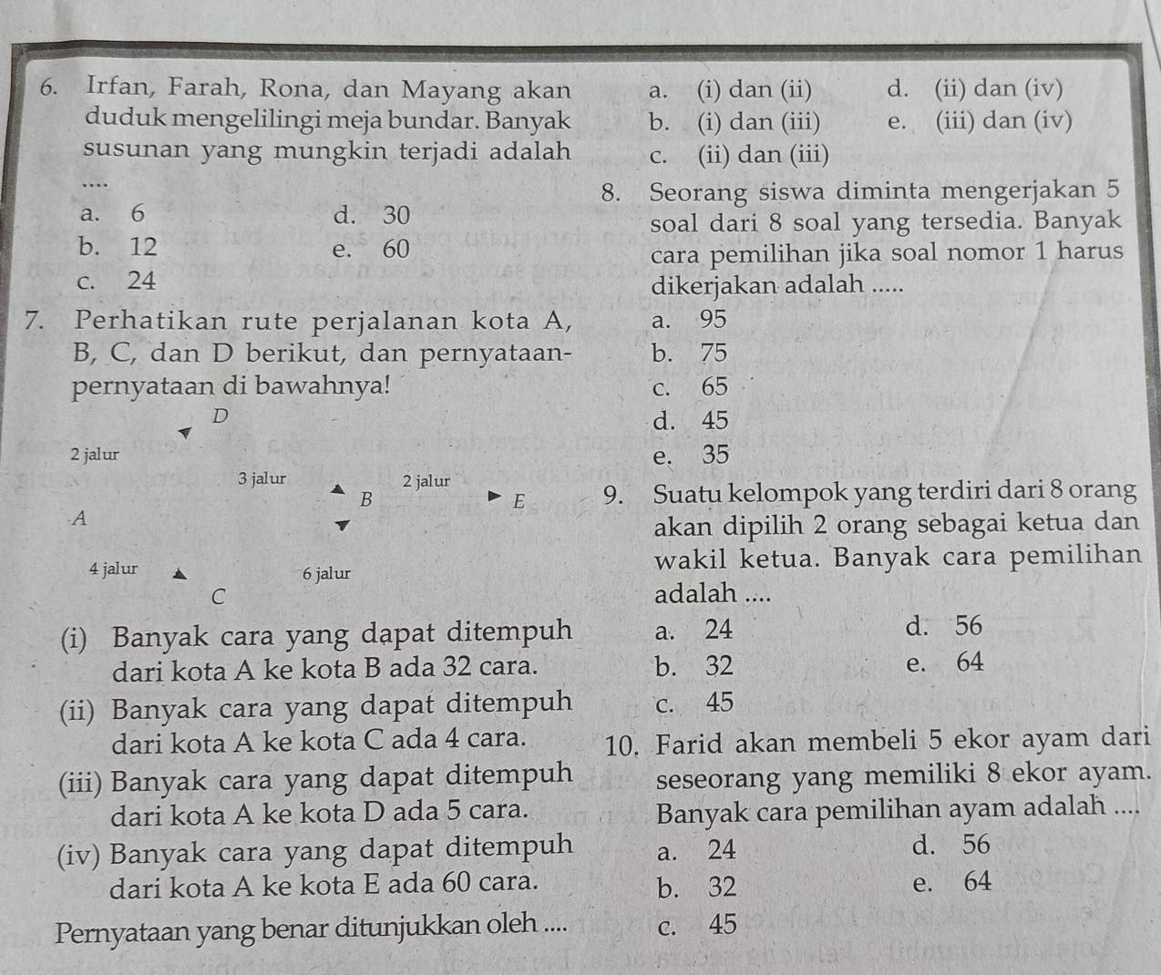 Irfan, Farah, Rona, dan Mayang akan a. (i) dan (ii) d. (ii) dan (iv)
duduk mengelilingi meja bundar. Banyak b. (i) dan (iii) e. (iii) dan (iv)
susunan yang mungkin terjadi adalah c. (ii) dan (iii)
_....
8. Seorang siswa diminta mengerjakan 5
a. 6 d. 30
soal dari 8 soal yang tersedia. Banyak
b. 12 e. 60
cara pemilihan jika soal nomor 1 harus
c. 24
dikerjakan adalah .....
7. Perhatikan rute perjalanan kota A, a. 95
B, C, dan D berikut, dan pernyataan- b. 75
pernyataan di bawahnya! c. 65
D d. 45
2 jalur e. 35
3 jalur 2 jalur
B 9. Suatu kelompok yang terdiri dari 8 orang
E
.A
akan dipilih 2 orang sebagai ketua dan
4 jalur 6 jalur
wakil ketua. Banyak cara pemilihan
C adalah ....
(i) Banyak cara yang dapat ditempuh a. 24 d. 56
dari kota A ke kota B ada 32 cara. b. 32 e. 64
(ii) Banyak cara yang dapat ditempuh c. 45
dari kota A ke kota C ada 4 cara. 10. Farid akan membeli 5 ekor ayam dari
(iii) Banyak cara yang dapat ditempuh seseorang yang memiliki 8 ekor ayam.
dari kota A ke kota D ada 5 cara.
Banyak cara pemilihan ayam adalah ....
(iv) Banyak cara yang dapat ditempuh a. 24 d. 56
dari kota A ke kota E ada 60 cara. b. 32 e. 64
Pernyataan yang benar ditunjukkan oleh .... c. 45