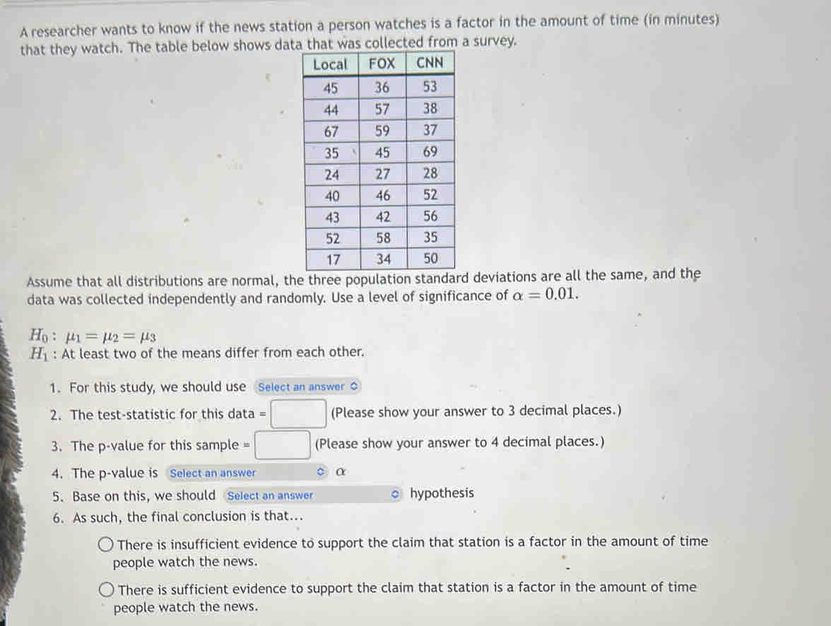 A researcher wants to know if the news station a person watches is a factor in the amount of time (in minutes)
that they watch. The table below shows data that was collected from a survey.
Assume that all distributions are normal, the three population sd deviations are all the same, and the
data was collected independently and randomly. Use a level of significance of alpha =0.01.
H_0:mu _1=mu _2=mu _3
H_1 : At least two of the means differ from each other.
1. For this study, we should use Select an answer 0
2. The test-statistic for this data =□ (Please show your answer to 3 decimal places.)
3. The p -value for this sample =□ (Please show your answer to 4 decimal places.)
4. The p -value is Select an answer c α
5. Base on this, we should Select an answer hypothesis
6. As such, the final conclusion is that...
There is insufficient evidence to support the claim that station is a factor in the amount of time
people watch the news.
There is sufficient evidence to support the claim that station is a factor in the amount of time
people watch the news.