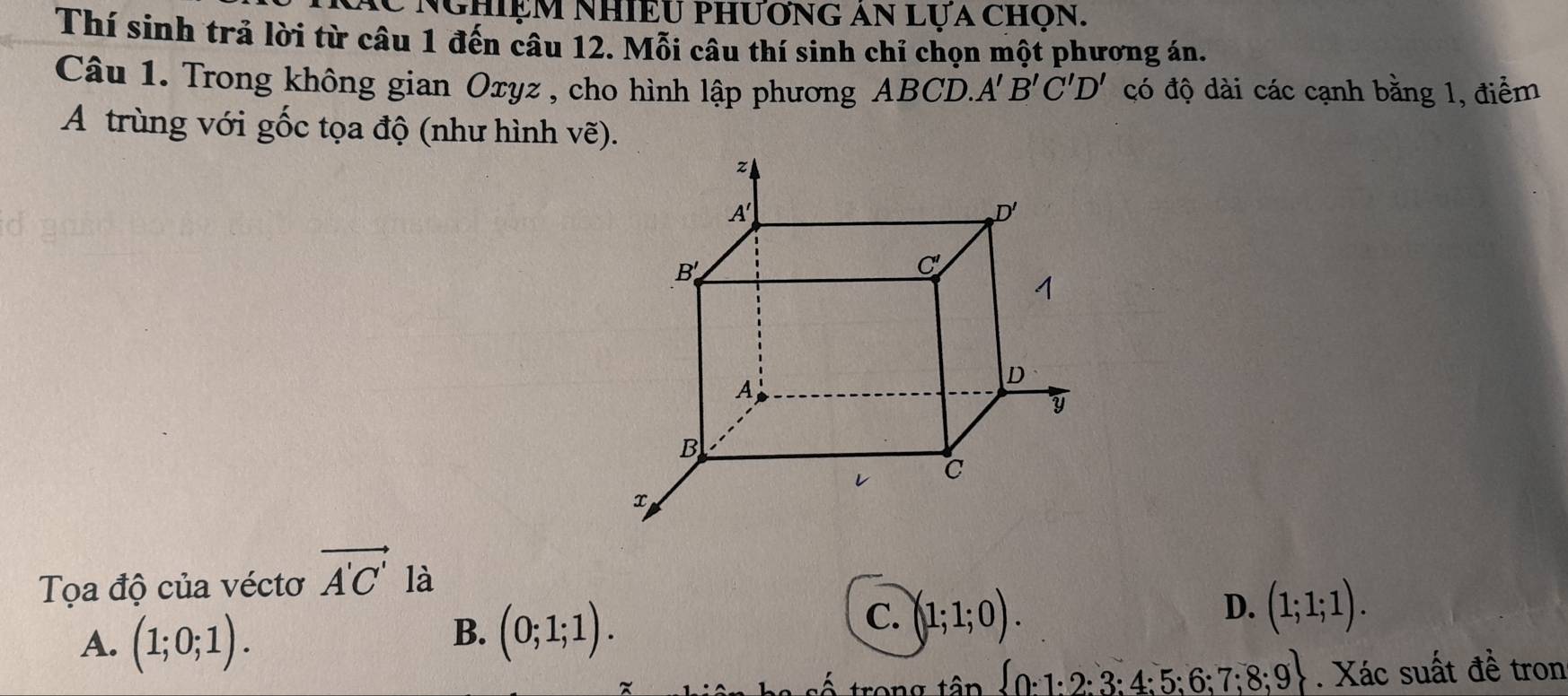 Nghiệm NhIềU Phương An lựa chọn.
Thí sinh trả lời từ câu 1 đến câu 12. Mỗi câu thí sinh chỉ chọn một phương án.
Câu 1. Trong không gian Oxyz , cho hình lập phương ABCD. A'B'C'D' có độ dài các cạnh bằng 1, điểm
A trùng với gốc tọa độ (như hình vẽ).
Tọa độ của véctơ vector A'C' là
A. (1;0;1).
B. (0;1;1).
C. (1;1;0).
D. (1;1;1).
trong tân  0:1:2:3:4:5;6;7;8;9. Xác suất đề tron