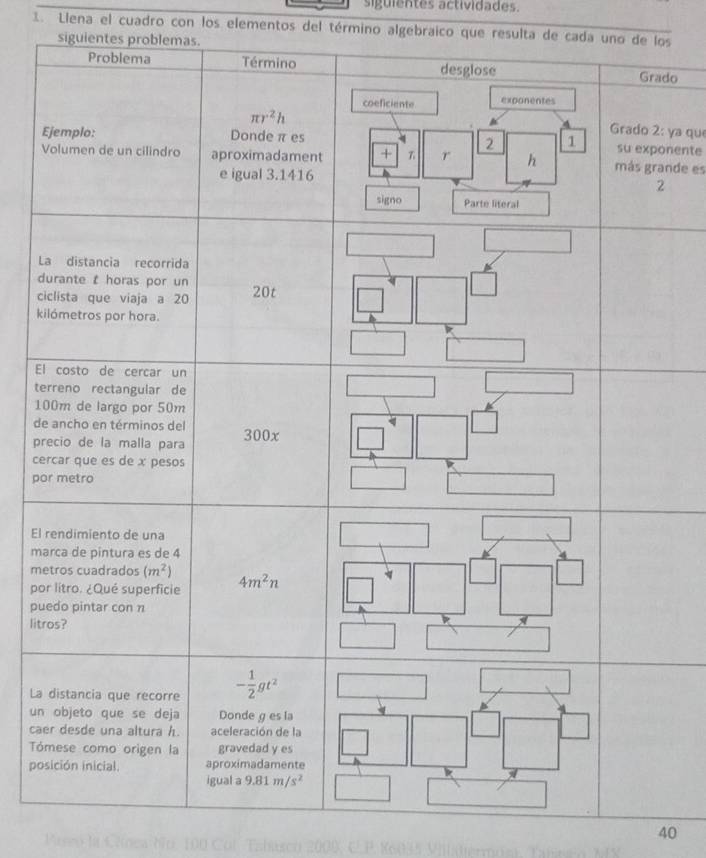 siguientes actividades.
1. Llena el cuadro con los elementos del término algebraico que resulta de cada uno de los
siguientes problemas.
do
: ya que
nente
nde es
L
d
c
k
E
t
1
d
p
ce
po
El
m
m
po
pu
lit
La
un
ca
T
po
40