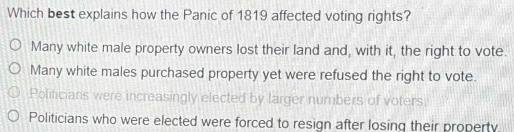 Solved: Which best explains how the Panic of 1819 affected voting ...