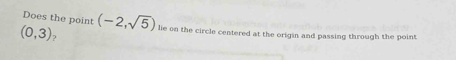 Does the point (-2,sqrt(5)) lie on the circle centered at the origin and passing through the point
(0,3) ?