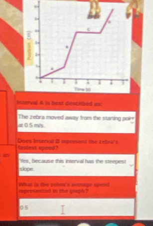 Inerval A is best described us; 
The zebra moved away from the starting poir= 
at 0.5 m/s. 
Does Interval B impresent the zetna's 
fastest speed? 

"Yes, because this interval has the steepest 
slope. 
What in the zelstals avesage speed 
represented in the graph?
05