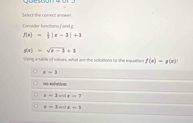 61 3
Select the correct answer.
Consider functions f and g.
f(x)= 1/2 |x-3|+3
g(x)=sqrt(x-3)+3
Using a table of values, what are the solutions to the equation f(x)=g(x) 2
x=3
no solution
x=3 and x=7
x=3 and x=5