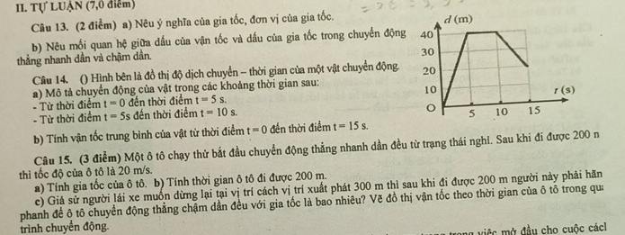 Tự LUẠN (7,0 điểm)
Câu 13. (2 điểm) a) Nêu ý nghĩa của gia tốc, đơn vị của gia tốc. 
b) Nêu mối quan hệ giữa dầu của vận tốc và dầu của gia tốc trong chuyển động
thẳng nhanh dần và chậm dần.
Câu 14. () Hình bên là đồ thị độ dịch chuyển - thời gian của một vật chuyển động. 
a) Mô tả chuyển động của vật trong các khoảng thời gian sau:
- Từ thời điểm t=0 đến thời điểm t=5s.
- Từ thời điểm t=5s đến thời điểm t=10s.
b) Tính vận tốc trung bình của vật từ thời điểm t=0 đến thời điểm t=15s.
Câu 15. (3 điểm) Một ô tô chạy thử bắt đầu chuyển động thẳng nhanh dần đều từ trạng thái nghi. Sau khi đi được 200 n
thì tốc độ của ô tô là 20 m/s.
a) Tính gia tốc của ô tô. b) Tính thời gian ô tô đi được 200 m.
c) Giả sử người lái xe muồn dừng lại tại vị trí cách vị trí xuất phát 300 m thì sau khi đi được 200 m người này phải hãn
phanh để ô tô chuyển động thẳng chậm dần đều với gia tốc là bao nhiêu? Vẽ đồ thị vận tốc theo thời gian của ô tô trong qu:
trình chuyển động.
mệ  mở đầu cho cuộc cácl