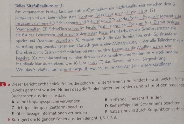 Tolles Sitzfußballturnier (1)
Am vergangenen Freitag fand am Luther-Gymnasium ein Sitzfußballturnier zwischen dem 6.
Jahrgang und den Lehrkräften statt. So etwas Tolles habe ich noch nie erlebt. (2)
Insgesamt nahmen 40 Schülerinnen und Schüler und 20 Lehrkräfte teil. Es gab insgesamt acht
Mannschaften. (3) Schließlich schoss im Finale Paul Heidger das Tor zum 5:3. Damit besiegte
die 6a das Lehrerteam und erreichte den ersten Platz. (4) Nachdem die Schülervertreter alle
Spieler und Zuschauer begrüßten (5), begann um 9 Uhr das Turnier. Die erste Spielrunde am
Vormittag ging unentschieden aus. Danach gab es eine Mittagspause, in der alle Teilnehmer vom
Elternbeirat mit Essen und Getränken versorgt wurden. Besonders die Muffins waren sehr
begehrt. (6) Am Nachmittag konnten sich dann die Schülermannschaften im Viertel- und im
Halbfinale klar durchsetzen. Um 16 Uhr endet (7) das Turnier mit einer Siegerehrung.
Weil das Sitzfußballturnier echt mega (8) war, soll es im nächsten Jahr wieder stattfinden.
20 a Dieser Bericht enthält viele Fehler, die schon rot unterstrichen sind. Findet heraus, welche Fehle
jeweils gemacht wurden. Notiert dazu die Zahlen hinter den Fehlern und schreibt den passende
Buchstaben aus der Liste dazu.
A keine Umgangssprache verwenden B treffende Überschrift finden
Cörichtiges Tempus (Zeitform) beachten D Reihenfolge des Geschehens beachten
E überflüssige Informationen vermeiden F Sätze sinnvoll durch Konjunktion verbind
b Korrigiert die folgenden Fehler aus dem Bericht: 1, 3, 5, 7, 8.