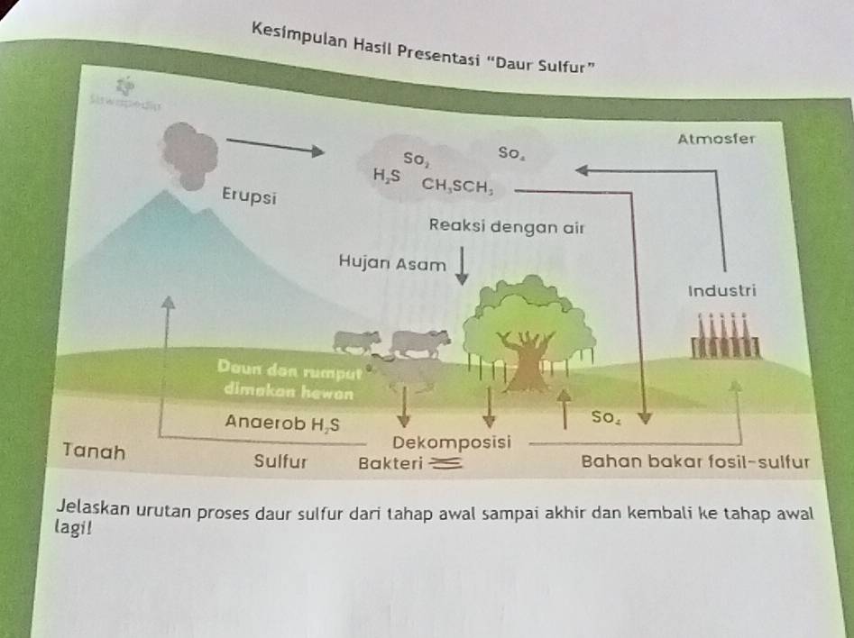 Kesimpulan Hasil Presentasi “Daur Sulfur”
$ 
Jelaskan urutan proses daur sulfur dari tahap awal sampai akhir dan kembali ke tahap awal
lagi!