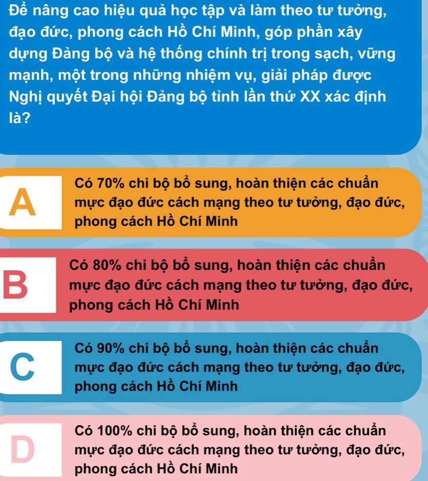 Để nâng cao hiệu quả học tập và làm theo tư tưởng,
đạo đức, phong cách Hồ Chí Minh, góp phần xây
dựng Đảng bộ và hệ thống chính trị trong sạch, vững
mạnh, một trong những nhiệm vụ, giải pháp được
Nghị quyết Đại hội Đảng bộ tỉnh lần thứ XX xác định
là?
Có 70% chi bộ bổ sung, hoàn thiện các chuẩn
A mực đạo đức cách mạng theo tư tưởng, đạo đức,
phong cách Hồ Chí Minh
Có 80% chi bộ bổ sung, hoàn thiện các chuẩn
B mực đạo đức cách mạng theo tư tưởng, đạo đức,
phong cách Hồ Chí Minh
Có 90% chi bộ bổ sung, hoàn thiện các chuẩn
mực đạo đức cách mạng theo tư tưởng, đạo đức,
phong cách Hồ Chí Minh
Có 100% chi bộ bổ sung, hoàn thiện các chuẩn
mực đạo đức cách mạng theo tư tưởng, đạo đức,
phong cách Hồ Chí Minh