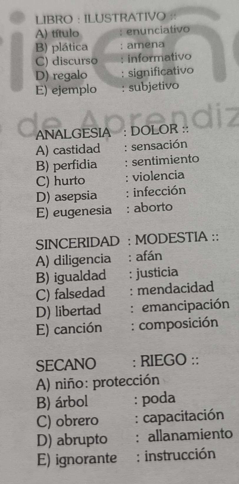 LIBRO : ILUSTRATIVO ::
A) título enunciativo
B) plática : amena
C) discurso : informativo
D) regalo : significativo
E) ejemplo : subjetivo
ANALGESIA : DOLOR ::
A) castidad : sensación
B) perfidia : sentimiento
C) hurto : violencia
D) asepsia : infección
E) eugenesia : aborto
SINCERIDAD : MODESTIA ::
A) diligencia : afán
B) igualdad : justicia
C) falsedad : mendacidad
D) libertad : emancipación
E) canción : composición
SECANO : RIEGO ::
A) niño: protección
B) árbol
: poda
C) obrero : capacitación
D) abrupto : allanamiento
E) ignorante : instrucción