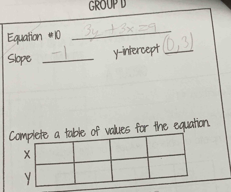 GROUP D 
Equation #10 
_ 
Slope_ 
y-intercept_ 
lues for the equation.