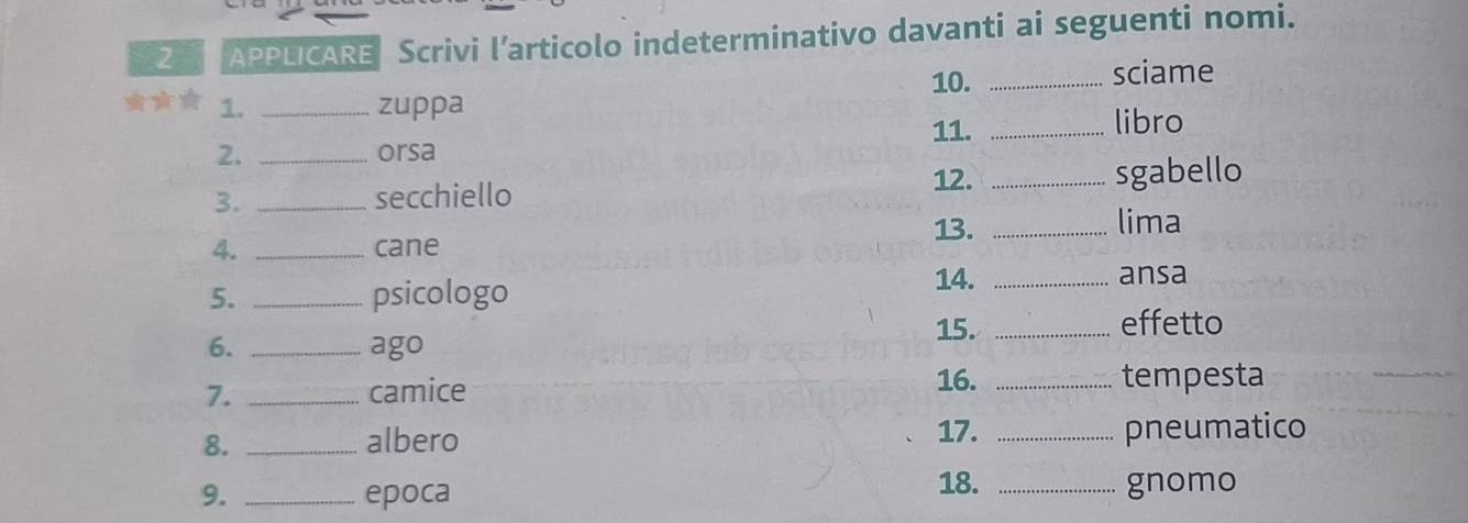 APPLICARE Scrivi l’articolo indeterminativo davanti ai seguenti nomi. 
10. _sciame 
a * 1. _zuppa 
11. _libro 
2. _orsa 
12. 
3. _secchiello _sgabello 
13. _lima 
4. _cane 
5. _psicologo 14. _ansa 
15. 
6. _ago _effetto 
16. 
7. _camice _tempesta 
8. _albero 17. _pneumatico 
18. 
9. _epoca _gnomo