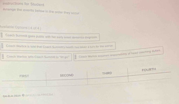 Instructions for Student 
Arrange the events below in the order they occur 
Available Options ( 4 of 4 ) 
Coach Summilt goes public with her early onset dementia diagnosis. 
11 
Coach Warlick is told that Coach Summitt's health has taken a turn for the worse. 
Coach Warlick tells Coach Summitt to "let go." Coach Warlick assumes responsibility of head coaching duties. 
GA-ELA-2024; ① GA,ELA,= 12,P.ElCC.3.d