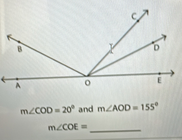 m∠ COD=20° and m∠ AOD=155°
m∠ COE= _