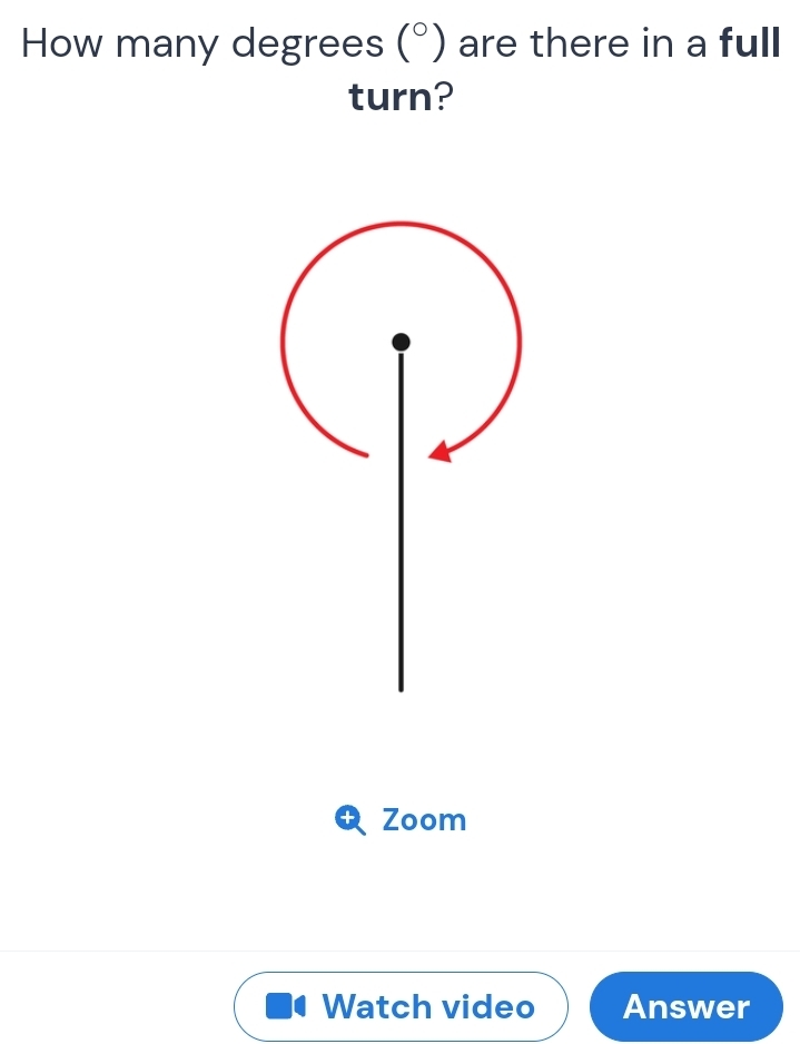 How many degrees (^circ ) are there in a full 
turn? 
Zoom 
Watch video Answer