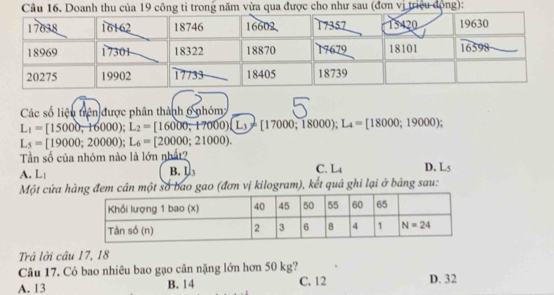 sau (đơn vị triệu động):
Các số liệu trên được phân thành 6 nhóm
L_1=[15000;16000);L_2=[16000;17000)(L_3!= [17000;18000); L_4=[18000;19000);
L_5=[19000;20000);L_6=[20000;21000).
Tần số của nhóm nào là lớn nhất?
A. Lı B. 1 3 C. L4 D. L5
Một cửa ht số bao gao (đơn vị kilogram), kết quả ghi lại ở bảng sau:
Trả lời câu 17, 18
Câu 17. Có bao nhiêu bao gạo cân nặng lớn hơn 50 kg?
A. 13 B. 14 C. 12 D. 32