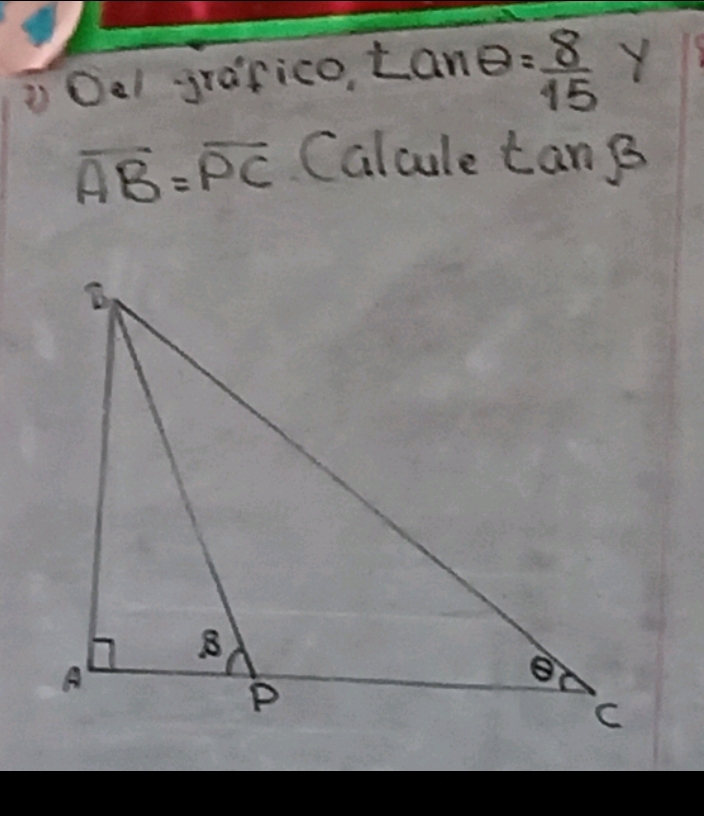 Oal grafico. tan θ = 8/15  Y
overline AB=overline PC Calcule tang