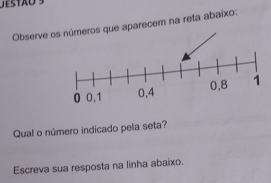 Jestão 3 
Observe e aparecem na reta abaixo: 
Qual o número indicado pela seta? 
Escreva sua resposta na linha abaixo.