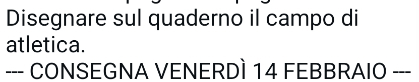 Disegnare sul quaderno il campo di 
atletica. 
--- CONSEGNA VENERDÌ 14 FEBBRAIO ---