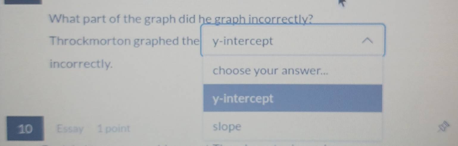 What part of the graph did he graph incorrectly?
Throckmorton graphed the y-intercept
incorrectly.
choose your answer...
y-intercept
10 Essay 1 point slope