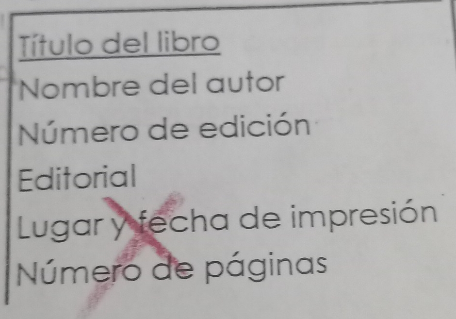 Título del libro 
Nombre del autor 
Número de edición 
Editorial 
Lugar y fecha de impresión 
Número de páginas