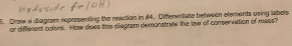 Draw a diagram representing the reaction in #4. Differentiate between elements using labels 
or diffferent colors. How does this diagram demonstrate the law of conservation of mass?