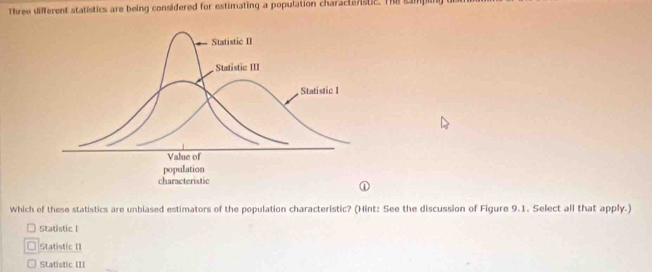 Three different statistics are being considered for estimating a population charactenste. The sampe
Which of these statistics are unbiased estimators of the population characteristic? (Hint: See the discussion of Figure 9.1. Select all that apply.)
Statistic I
Statistic [1
Statistic III