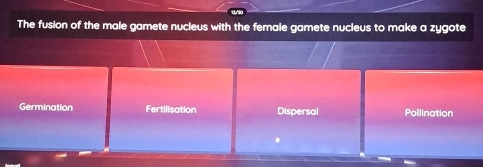 The fusion of the male gamete nucleus with the female gamete nucleus to make a zygote
Germination Fertilisation Dispersal Pollination