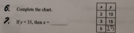 Complete the chart. 
2 If y=35 , then x= _ .