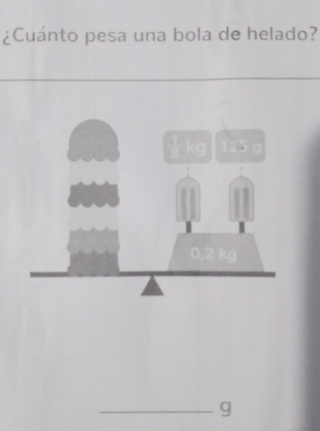 ¿Cuánto pesa una bola de helado?
kg 125
0.2 kg
_ g