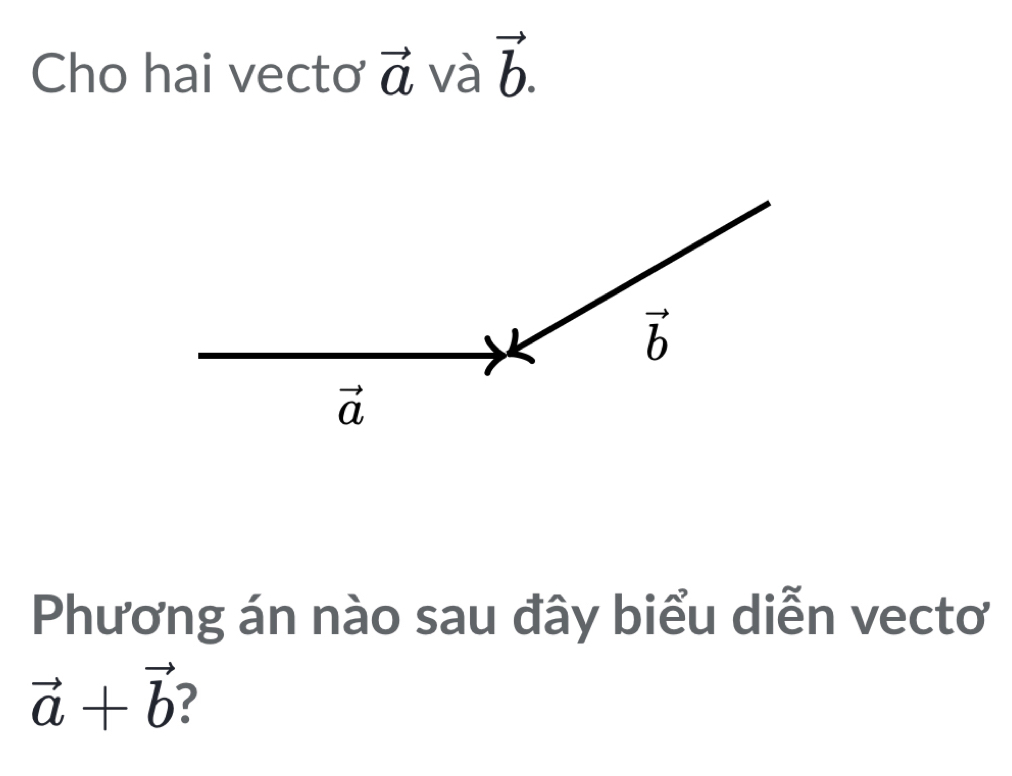 Cho hai vectơ vector a và vector b.
Phương án nào sau đây biểu diễn vectơ
vector a+vector b 2