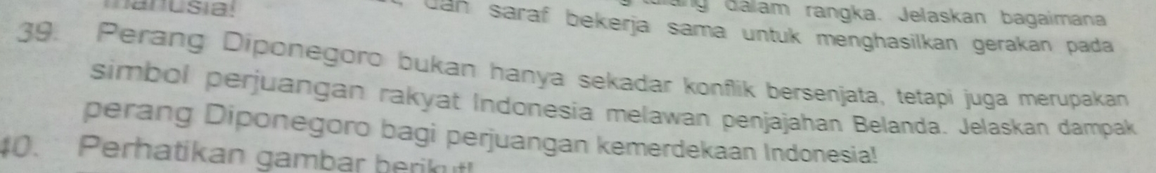 manusia! 
ang dálam rangka. Jelaskan bagaimana 
an saraf bekerja sama untuk menghasilkan gerakan pada 
39. Perang Diponegoro bukan hanya sekadar konflik bersenjata, tetapi juga merupakan 
simbol perjuangan rakyat Indonesia melawan penjajahan Belanda. Jelaskan dampak 
perang Diponegoro bagi perjuangan kemerdekaan Indonesia! 
40. Perhatikan gambar berikut!