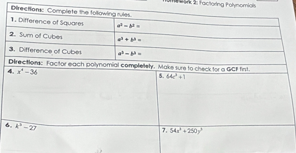 Umework 2: Factoring Polynomials
6