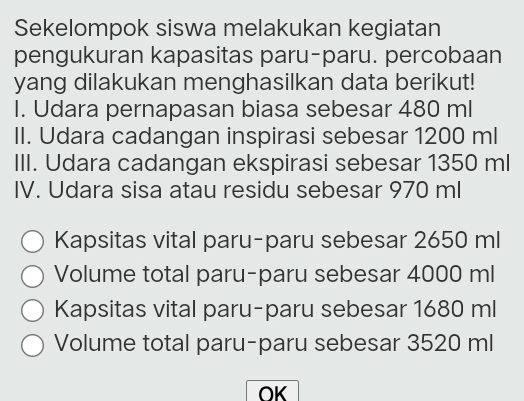 Sekelompok siswa melakukan kegiatan
pengukuran kapasitas paru-paru. percobaan
yang dilakukan menghasilkan data berikut!
I. Udara pernapasan biasa sebesar 480 ml
II. Udara cadangan inspirasi sebesar 1200 ml
III. Udara cadangan ekspirasi sebesar 1350 ml
IV. Udara sisa atau residu sebesar 970 ml
Kapsitas vital paru-paru sebesar 2650 ml
Volume total paru-paru sebesar 4000 ml
Kapsitas vital paru-paru sebesar 1680 ml
Volume total paru-paru sebesar 3520 ml
OK