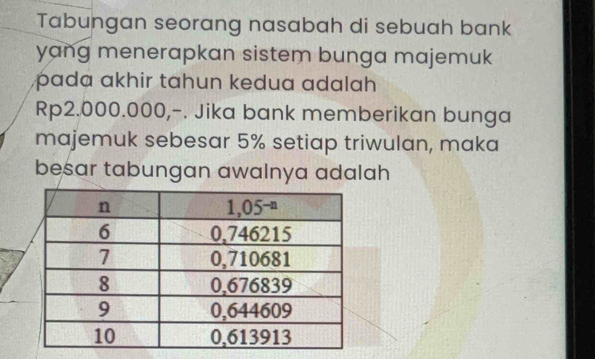 Tabungan seorang nasabah di sebuah bank
yang menerapkan sistem bunga majemuk
pada akhir tahun kedua adalah 
Rp2.000.000,-. Jika bank memberikan bunga
majemuk sebesar 5% setiap triwulan, maka
besar tabungan awalnya adalah