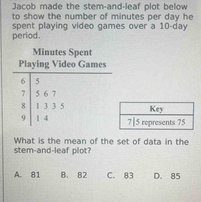 Jacob made the stem-and-leaf plot below
to show the number of minutes per day he
spent playing video games over a 10-day
period.
Minutes Spent
Playing Video Games
beginarrayr 6 7 8 9|beginarrayr 5 567 1335 14endarray
Key
7|5 represents 75
What is the mean of the set of data in the
stem-and-leaf plot?
A. 81 B. 82 C. 83 D. 85