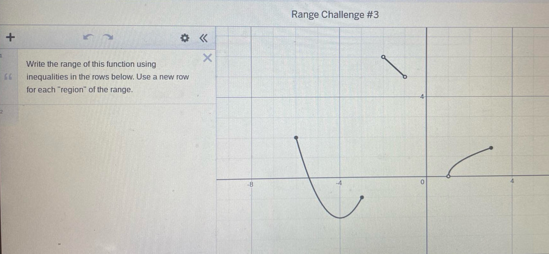 Range Challenge #3 
+ 
Write the range of this function using 
“ 6 inequalities in the rows below. Use a new row 
for each "region" of the range.