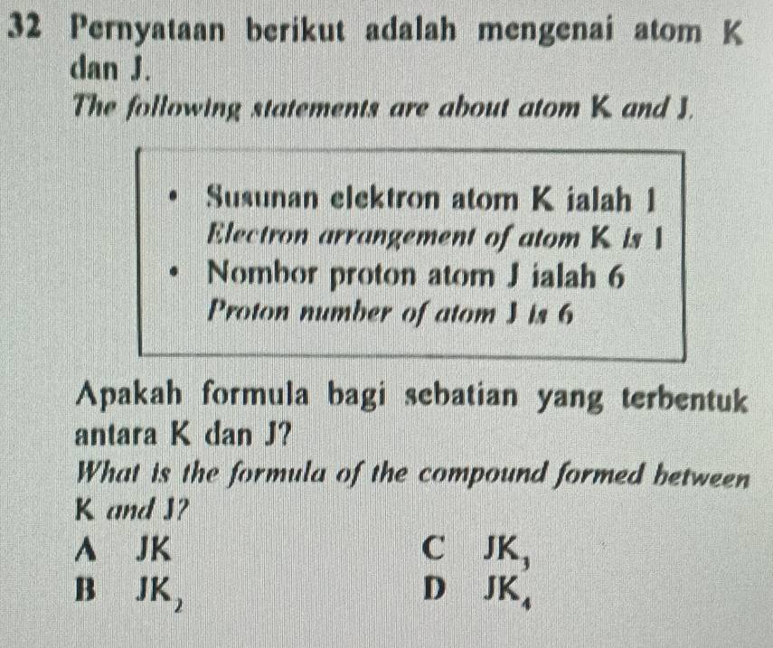 Pernyataan berikut adalah mengenai atom K
dan J.
The following statements are about atom K and J.
Susunan elektron atom K ialah 1
Electron arrangement of atom K is 1
Nombor proton atom J ialah 6
Proton number of atom 3 is 6
Apakah formula bagi sebatian yang terbentuk
antara K dan J?
What is the formula of the compound formed between
K and J?
A JK C JK_3
Bì JK_2 D JK_4