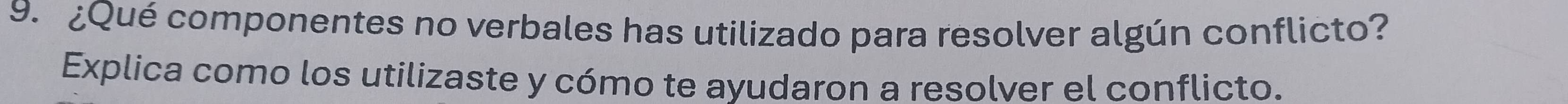 ¿Qué componentes no verbales has utilizado para resolver algún conflicto? 
Explica como los utilizaste y cómo te ayudaron a resolver el conflicto.