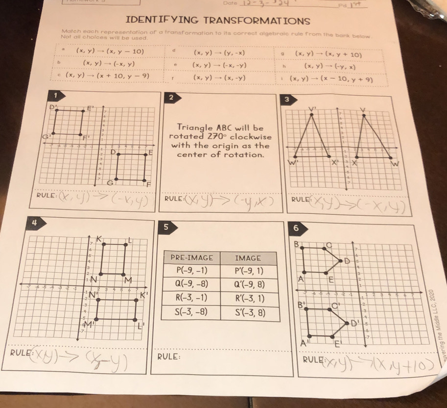 Date _Pd
_
IDENTIFYING TRANSFORMATIONS
Match each representation of a transformation to its correct algebraic rule from the bank below.
Not all choices will be used.
a (x,y)to (x,y-10) d (x,y)to (y,-x) g (x,y)to (x,y+10)
b (x,y)to (-x,y) e (x,y)to (-x,-y) h (x,y)to (-y,x)
c (x,y)to (x+10,y-9) f (x,y)to (x,-y) (x,y)to (x-10,y+9)
Triangle ABC will be
rotated 270° clockwise
with the origin as the
center of rotation.
RULE RULE
DL LE RULE: RULE