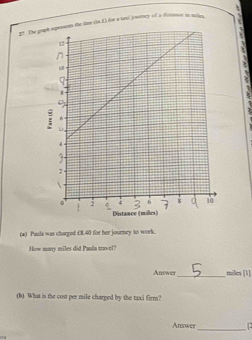 The gruph represents the five (in 2) for a unci jourmey of a distance in milles. 
N 
(a) Paula was charged £8.40 for her journey to work. 
How many miles did Paula travel? 
Answer_ miles [1] 
(b) What is the cost per mile charged by the taxi firm? 
_ 
Answer
114