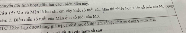 chuyền đổi linh hoạt giữa hai cách biểu diễn này. 
Câu 15: Mơ và Mận là hai chị em cây khế, số tuổi của Mận thì nhiều hơn 2 lần số tuổi của Mơ cộng 
nêm 1. Biểu diễn số tuổi của Mận qua số tuổi của Mơ. 
ITC 12.b: Lập được bảng giá trị và vẽ được đồ thị hàm số bậc nhất có dạng y=mx+c. 
thị các hàm số sau: