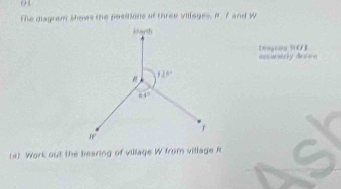 The disgram shows the positions of three villages. A. f and W
Dregca 9 0
dscuristy deseo
(a) Work out the bearing of village W from village R