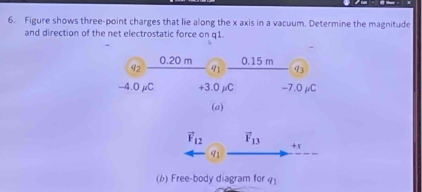 Figure shows three-point charges that lie along the x axis in a vacuum. Determine the magnitude 
and direction of the net electrostatic force on q1.
0.20 m 0.15 m
4°
91 93
-4.0μC +3.0μC -7.0μC
(a)
vector F_12 vector F_13 +r
91
(b) Free-body diagram for q_1