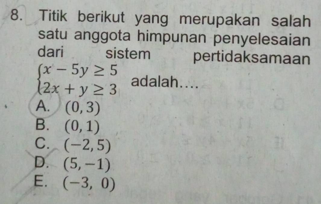 Titik berikut yang merupakan salah
satu anggota himpunan penyelesaian
dari sistem pertidaksamaan
beginarrayl x-5y≥ 5 2x+y≥ 3endarray. adalah....
A. (0,3)
B. (0,1)
C. (-2,5)
D. (5,-1)
E. (-3,0)