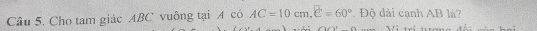 Cho tam giác ABC vuông tại A có AC=10cm, e=60° Độ dài cạnh AB là? 
_ 0