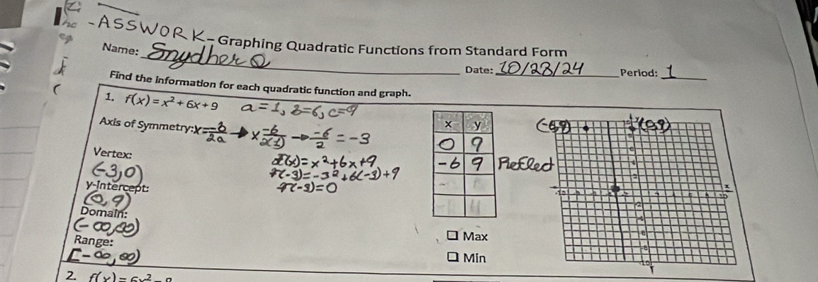 WOR K- Graphing Quadratic Functions from Standard Form 
Name: 
Date: Period:_ 
Find the information for each quadratic function and graph._ 
1. f(x)=x^2+6x+9
Axis of Symmetry: 
Vertex:
y -Întercep 
Domain: 
Range: 
Max 
Min